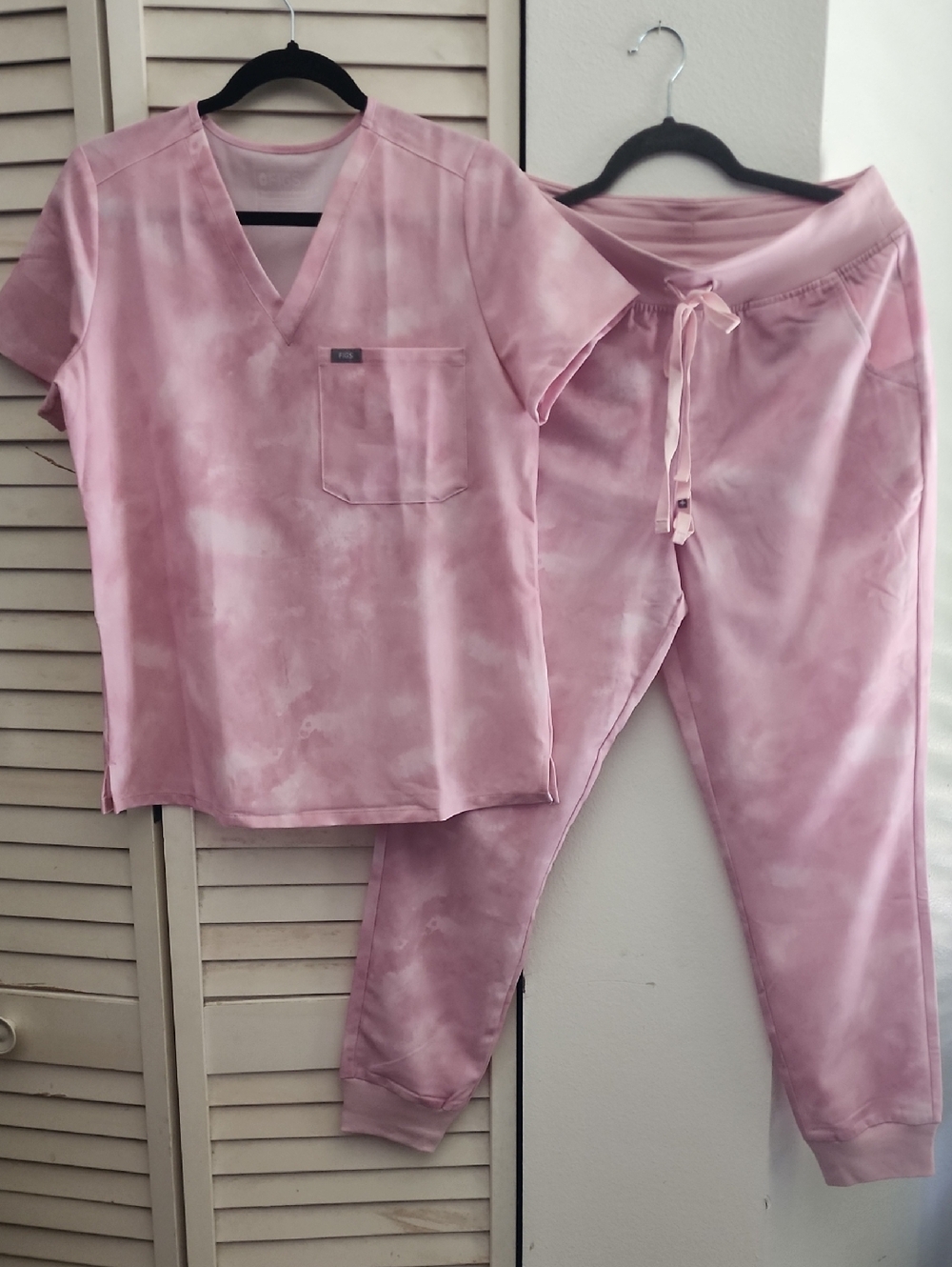 Light Pink Tie-Dye Scrub Set - V-Neck Top & Drawstring Jogger Pants LIMITED EDIT